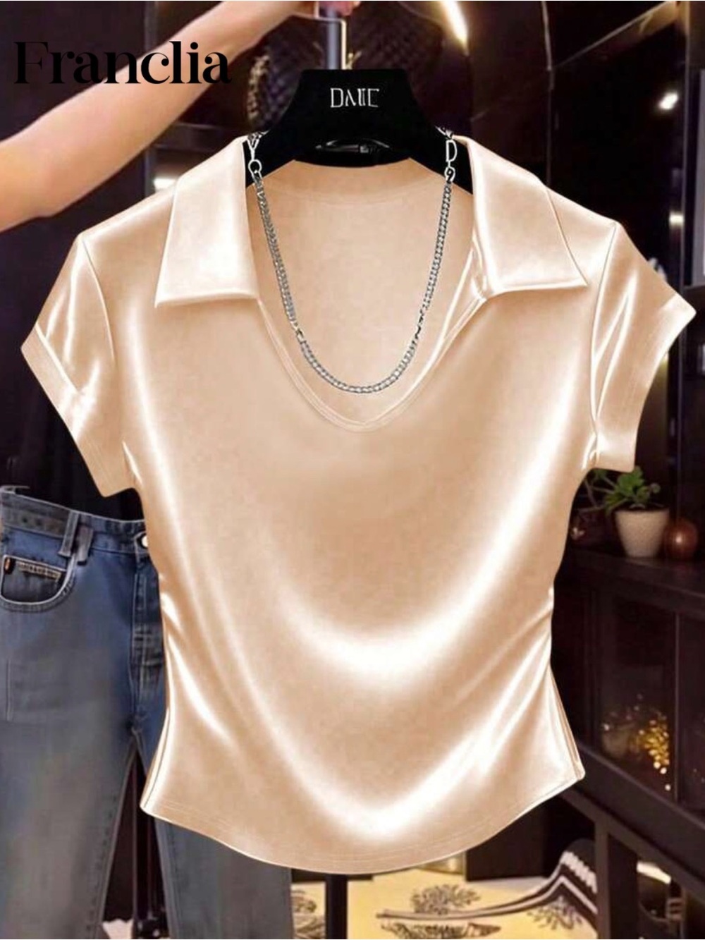 SHEIN Champagne Satin Short Sleeve Polo Top